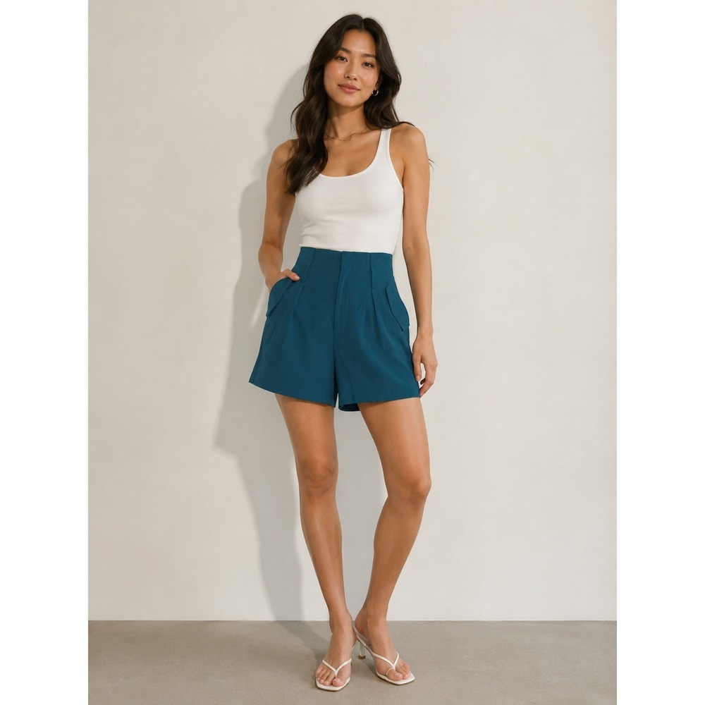 A New Day Womens High-Rise Pleated Shorts Teal Blue Size 10 Rayon Blend Academia